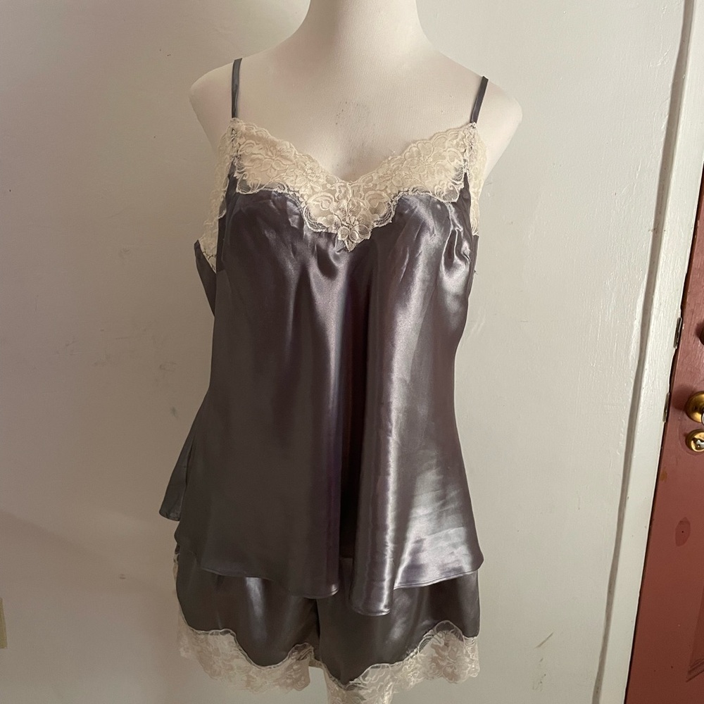 Silky Charcoal Lace Trim Pajama Set